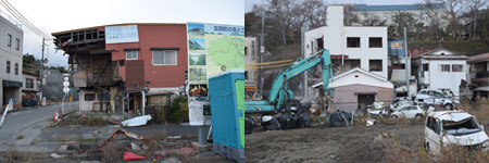 富岡町は、津波の傷跡が未だ残っており、壊れた家屋の撤去や除染作業が進められている（写真：富岡駅前
