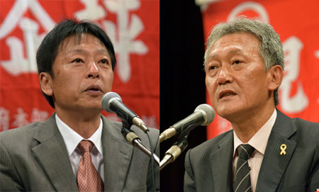 （右）ヤマ場にむけたたかいの決意を述べる 西川現業評議会議長（左）蓮元公営企業評議会議長